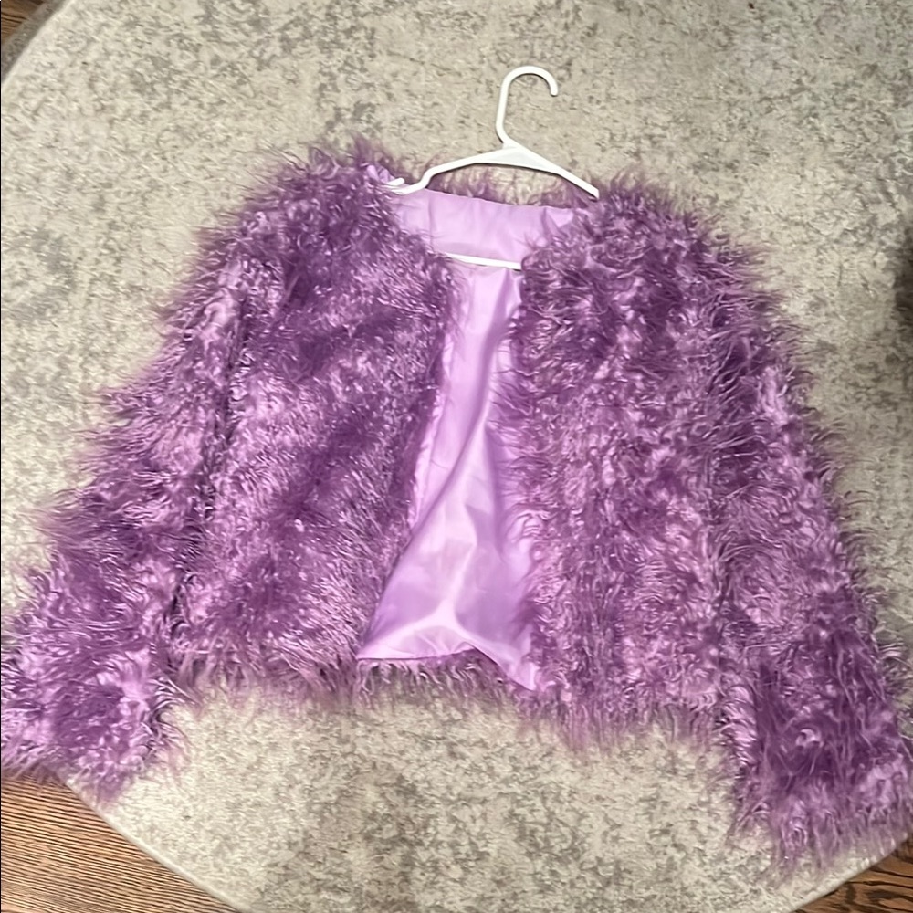 Eras themed Cropped Fuzzy Purple Jacket with Textured Faux Fur